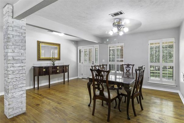 Dining room, Interior, Stone Walls, Wood Texture Flooring