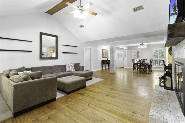 Dining room, Fireplace, Interior, Living room, Wooden Beams, Wood Texture Flooring