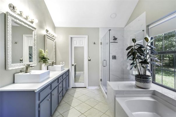 Bathroom, Dual Sink Vanities, Glass Shower, Interior, Marble Walls