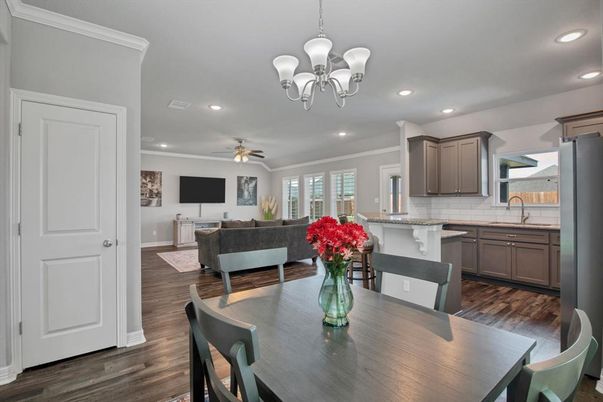 Chandelier, Dining room, Interior, Kitchen, Living room, Recessed Lighting, Wood Texture Flooring