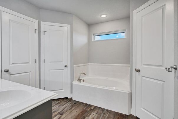 Bathroom, Interior, Recessed Lighting, Wood Texture Flooring