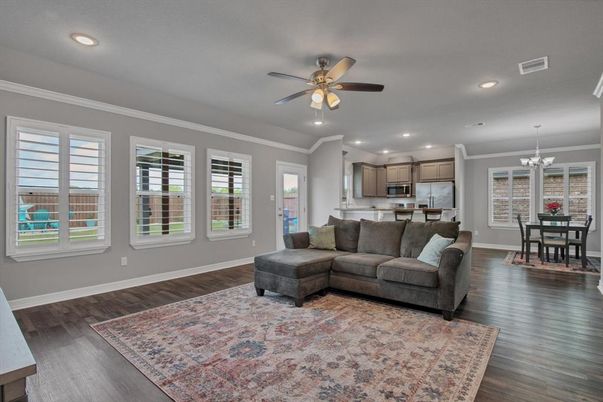 Chandelier, Dining room, Interior, Kitchen, Living room, Recessed Lighting, Wood Texture Flooring