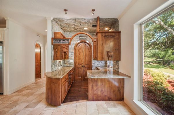 Interior, Kitchen, Recessed Lighting, Stone Walls, Wood Texture Flooring