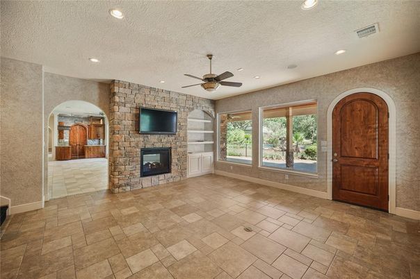 Empty room, Fireplace, Interior, Recessed Lighting, Stone Walls