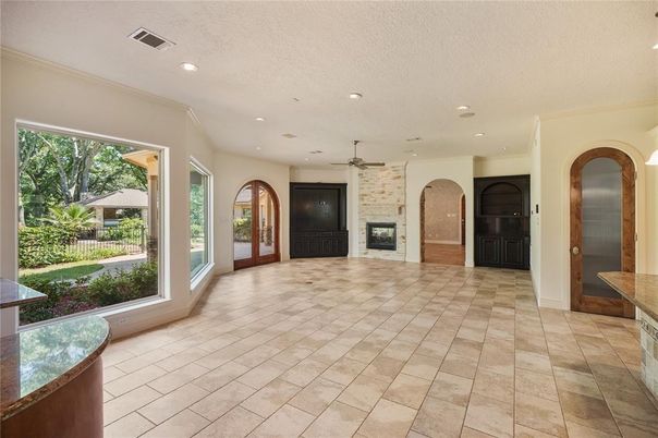 Empty room, Fireplace, Interior, Recessed Lighting, Stone Walls