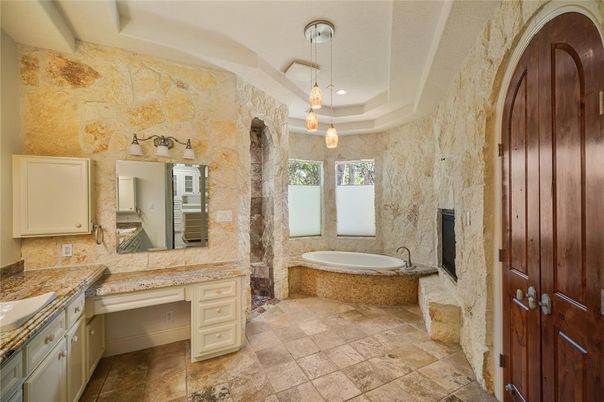 Bathroom, Dual Sink Vanities, Interior, Pendant Lights, Stone Walls