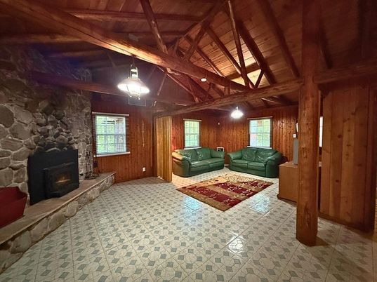 Fireplace, Interior, Living room, Pendant Lights, Stone Walls, Wooden Beams, Wooden Ceilings, Wooden Walls