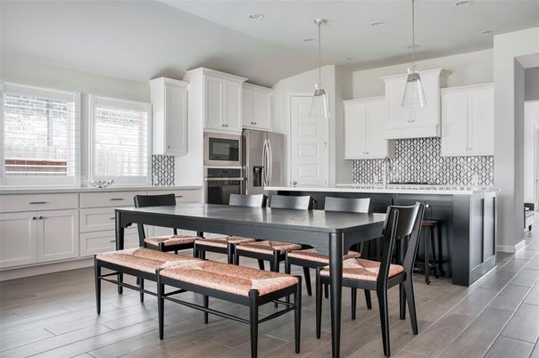 Dining room, Interior, Kitchen, Pendant Lights, Recessed Lighting, Stainless Steel Appliances, Wood Texture Flooring