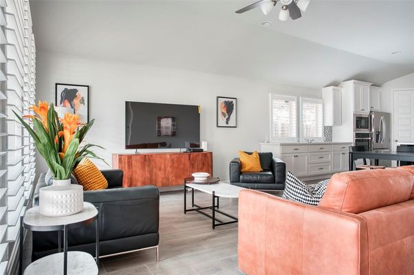 Interior, Kitchen, Living room, Stainless Steel Appliances, Wood Texture Flooring