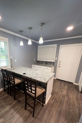 Dining room, Interior, Pendant Lights, Recessed Lighting, Wood Texture Flooring