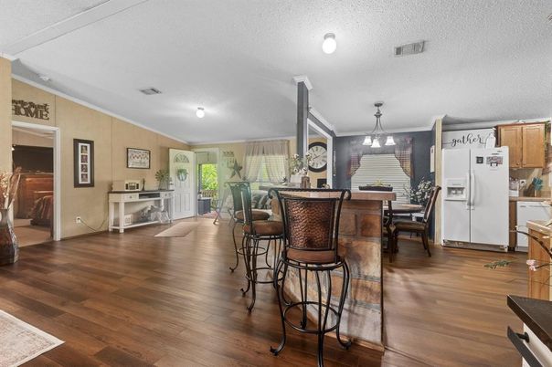 Dining room, Interior, Pendant Lights, Wood Texture Flooring