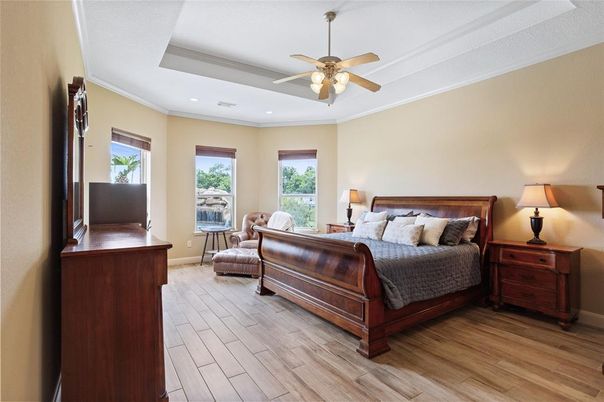 Bedroom, Interior, Recessed Lighting, Wood Texture Flooring