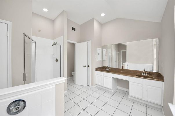 Bathroom, Dual Sink Vanities, Glass Shower, Interior, Recessed Lighting