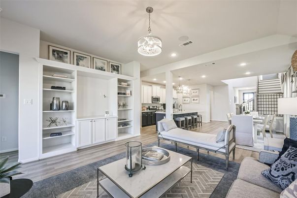 Chandelier, Dining room, Interior, Kitchen, Living room, Pendant Lights, Recessed Lighting, Stainless Steel Appliances, Wood Texture Flooring