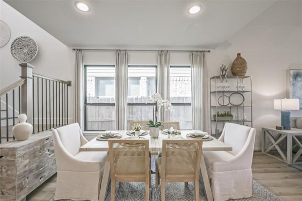 Dining room, Interior, Recessed Lighting, Wood Texture Flooring