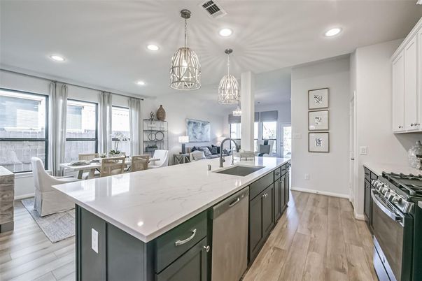 Dining room, Interior, Kitchen, Living room, Pendant Lights, Recessed Lighting, Stainless Steel Appliances, Wood Texture Flooring