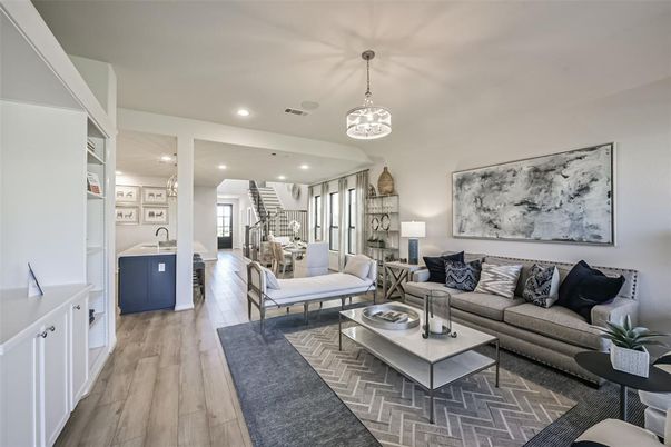 Dining room, Interior, Living room, Pendant Lights, Recessed Lighting, Wood Texture Flooring