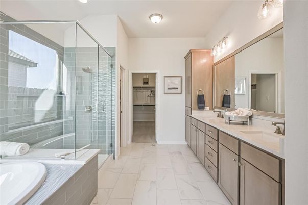 Bathroom, Dual Sink Vanities, Glass Shower, Interior, Marble