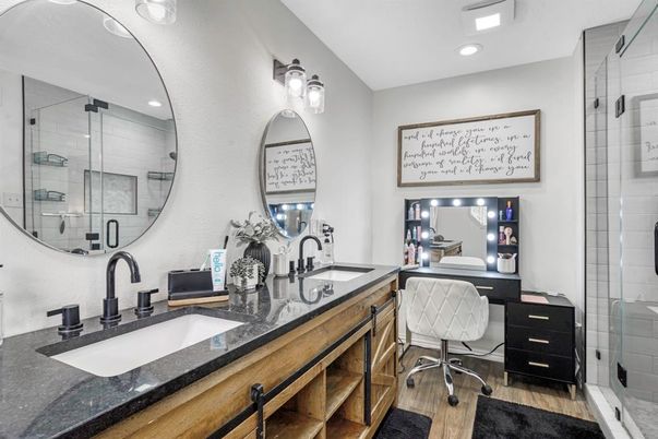 Bathroom, Dual Sink Vanities, Glass Shower, Interior, Recessed Lighting, Wood Texture Flooring