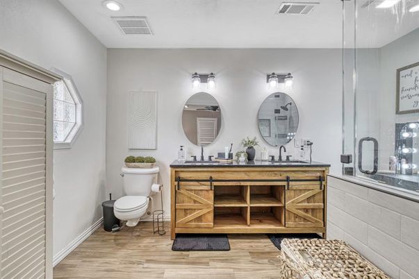 Bathroom, Dual Sink Vanities, Interior, Recessed Lighting, Wood Texture Flooring