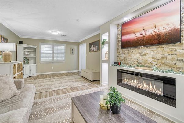 Fireplace, Interior, Recessed Lighting, Stone Walls, Wood Texture Flooring