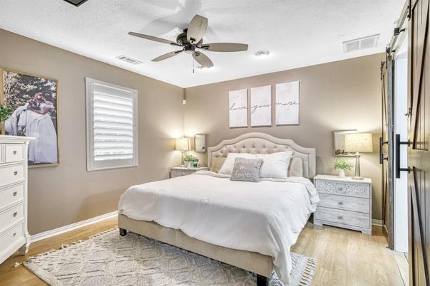 Bedroom, Interior, Recessed Lighting, Wood Texture Flooring