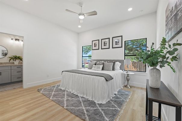Bedroom, Interior, Recessed Lighting, Wood Texture Flooring