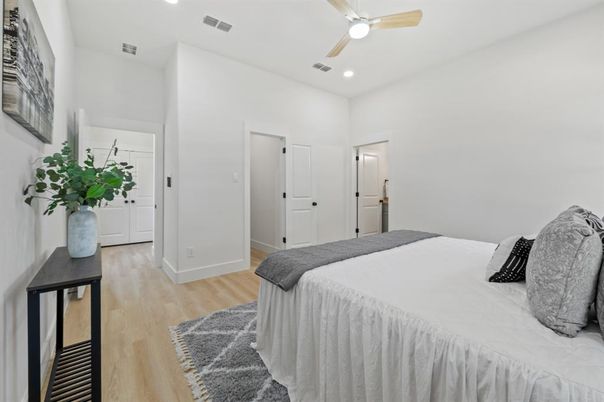 Bedroom, Interior, Recessed Lighting, Wood Texture Flooring