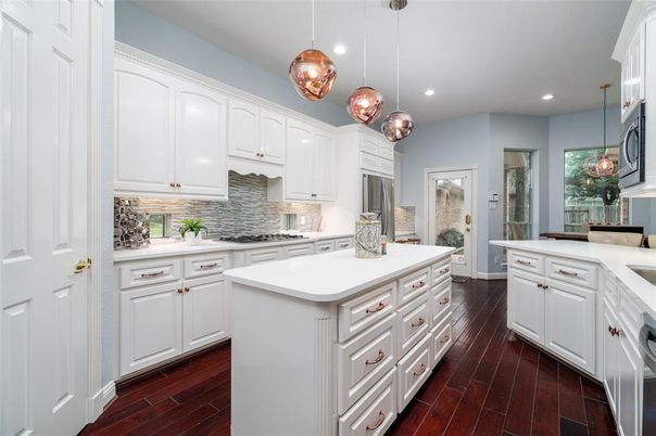 Interior, Kitchen, Pendant Lights, Recessed Lighting, Wood Texture Flooring