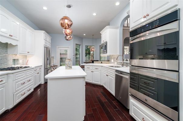 Interior, Kitchen, Pendant Lights, Recessed Lighting, Stainless Steel Appliances, Wood Texture Flooring