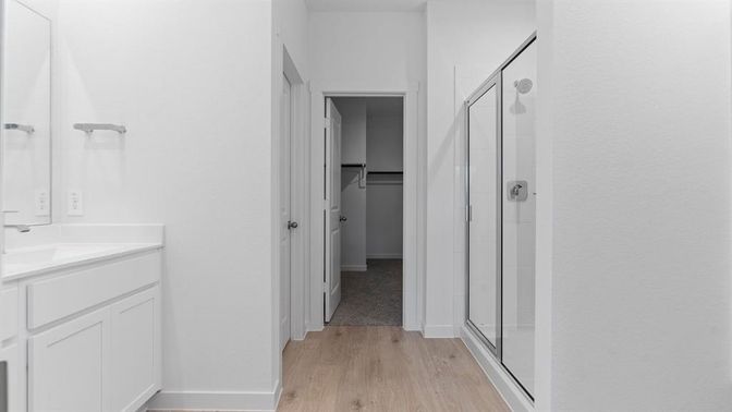 Bathroom, Glass Shower, Interior, Wood Texture Flooring