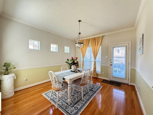 Dining room, Interior, Pendant Lights, Wood Texture Flooring