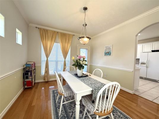 Dining room, Interior, Pendant Lights, Wood Texture Flooring