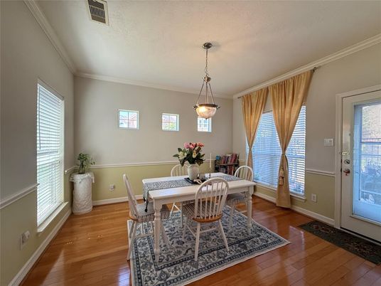 Dining room, Interior, Pendant Lights, Wood Texture Flooring