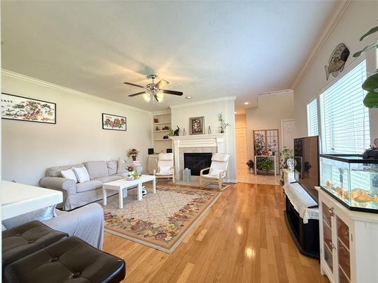 Fireplace, Interior, Living room, Recessed Lighting, Wood Texture Flooring