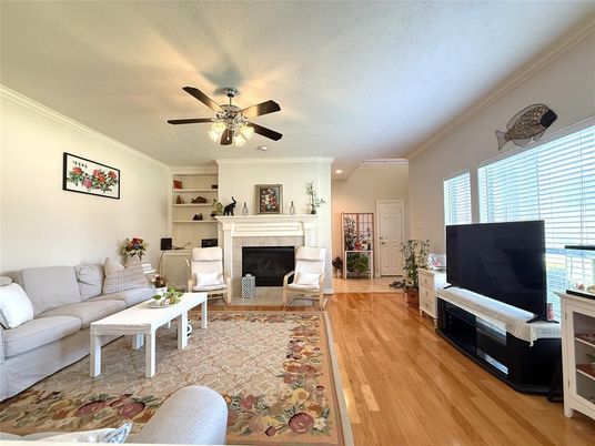 Fireplace, Interior, Living room, Recessed Lighting, Wood Texture Flooring
