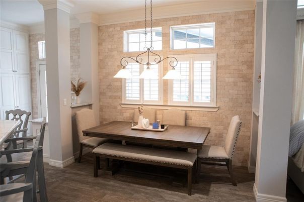 Dining room, Interior, Pendant Lights, Stone Walls, Wood Texture Flooring
