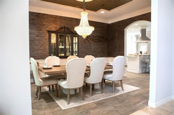 Chandelier, Dining room, Interior, Recessed Lighting, Stone Walls, Wood Texture Flooring