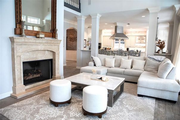 Dining room, Fireplace, Interior, Kitchen, Living room, Pendant Lights, Recessed Lighting, Wood Texture Flooring