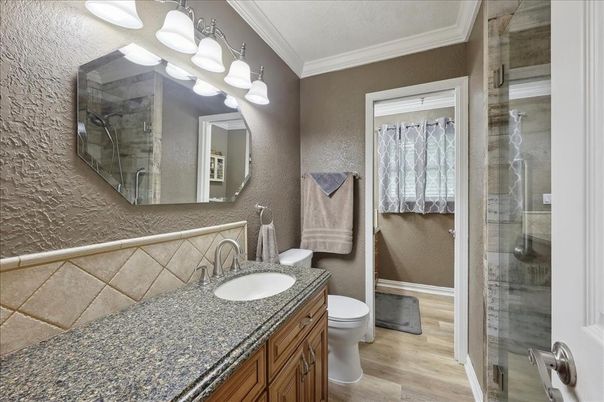 Bathroom, Glass Shower, Interior, Wood Texture Flooring