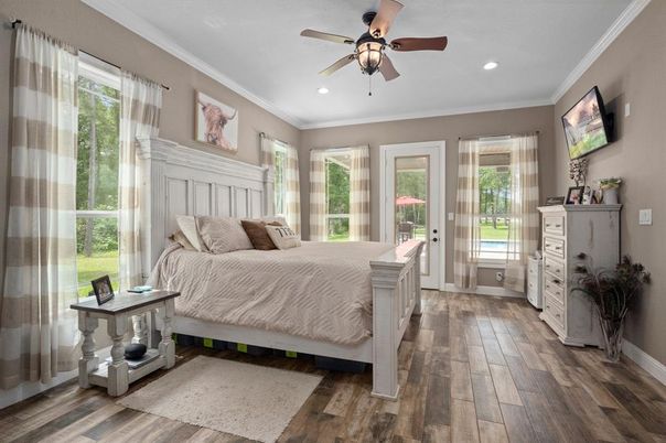 Bedroom, Interior, Recessed Lighting, Wood Texture Flooring