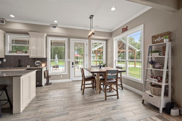 Dining room, Interior, Pendant Lights, Recessed Lighting, Wood Texture Flooring