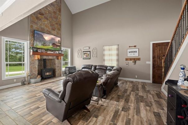 Fireplace, Interior, Living room, Stone Walls, Wood Texture Flooring