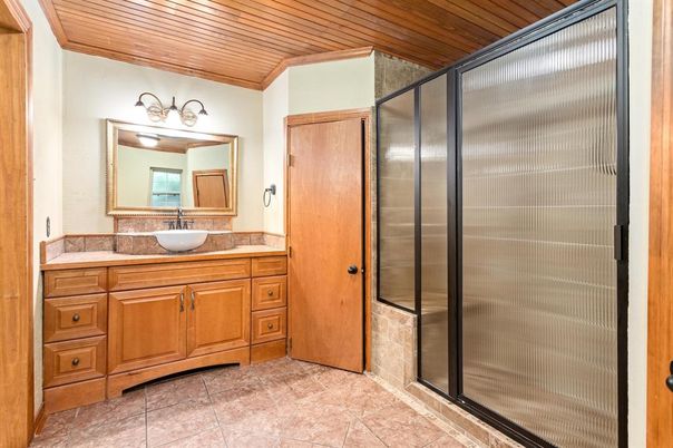 Bathroom, Glass Shower, Interior, Wooden Ceilings