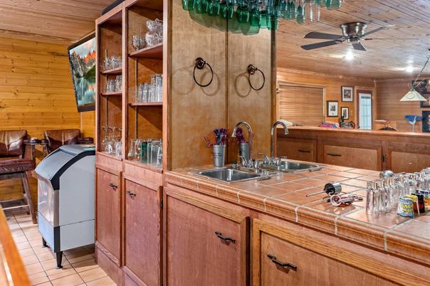 Interior, Kitchen, Recessed Lighting, Tile Countertops, Wooden Ceilings, Wooden Walls