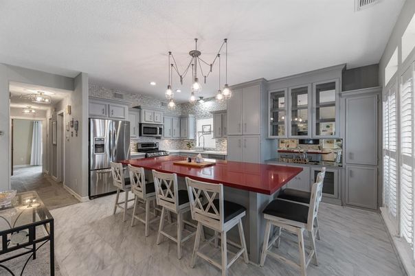 Interior, Kitchen, Marble, Pendant Lights, Recessed Lighting, Stainless Steel Appliances