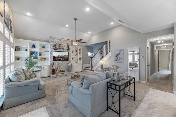 Fireplace, Interior, Living room, Pendant Lights, Recessed Lighting, Stone Walls