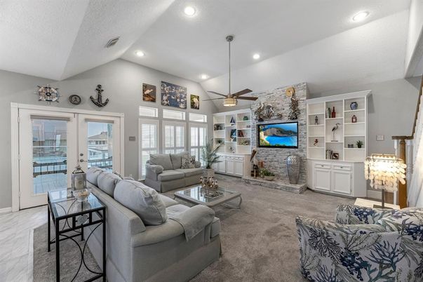 Fireplace, Interior, Living room, Recessed Lighting, Stone Walls