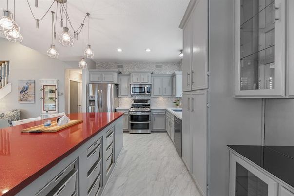 Interior, Kitchen, Marble, Pendant Lights, Recessed Lighting, Stainless Steel Appliances