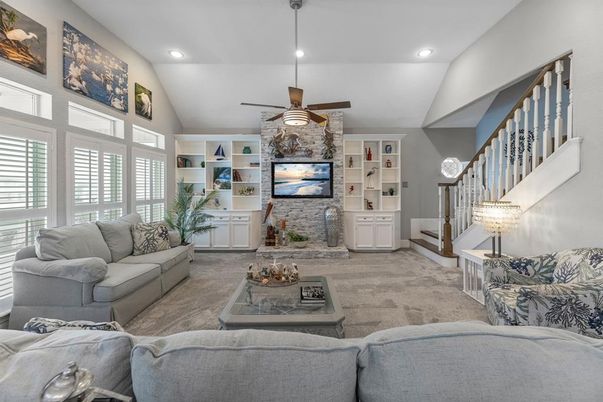 Fireplace, Interior, Living room, Recessed Lighting, Stone Walls